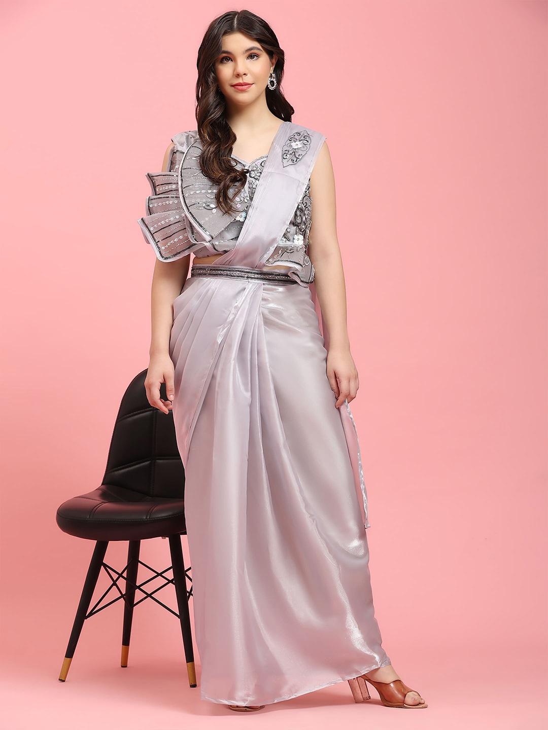 

AMOHA TRENDZ Satin Ready to Wear Saree, Grey