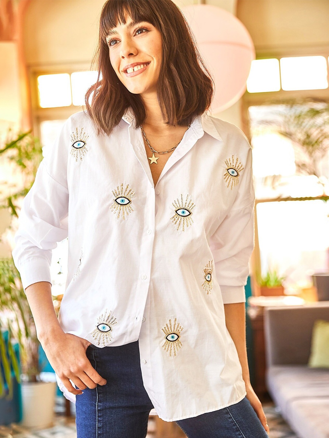 

Olalook Evil Eye Printed Pure Cotton Longline Casual Shirt, White