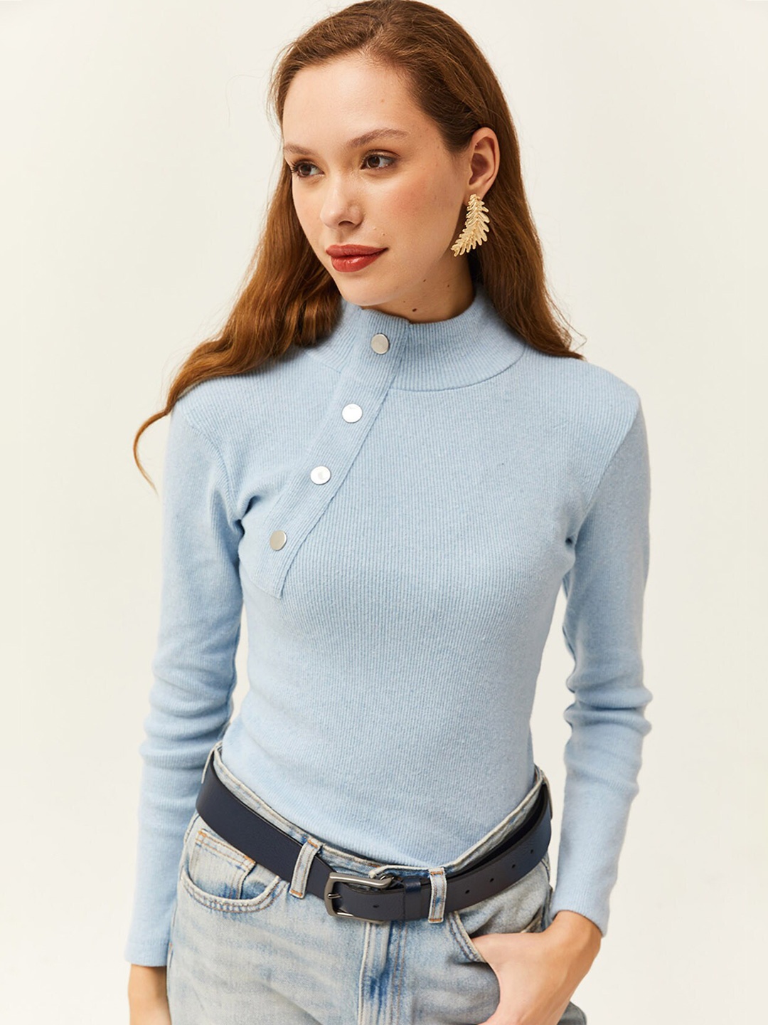 

Olalook Mock Collar Long Sleeves Pullover Sweater, Blue