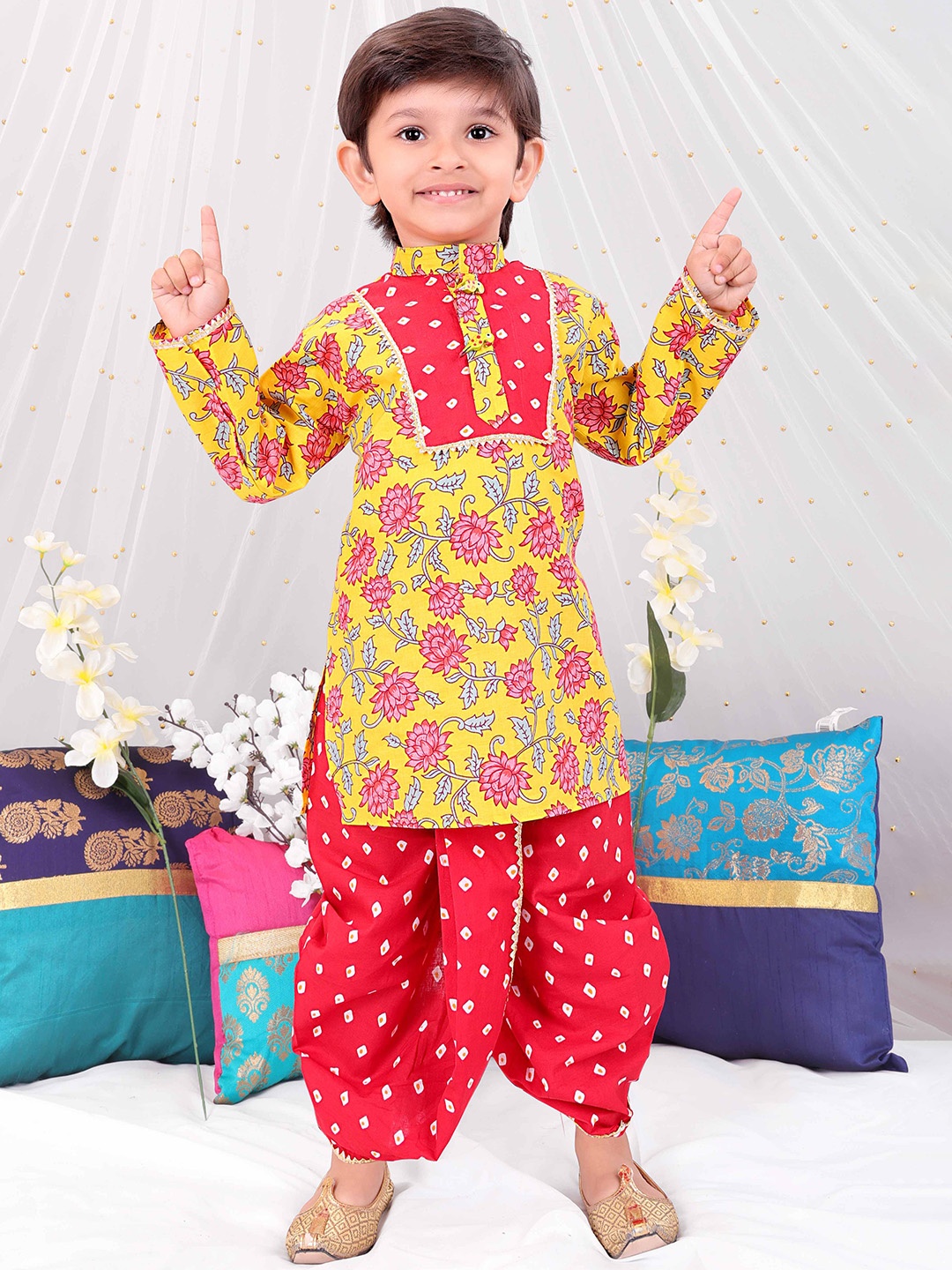 

KID1 Boys Floral Printed Mandarin Collar Pure Cotton Straight Kurta With Dhoti Pants, Yellow