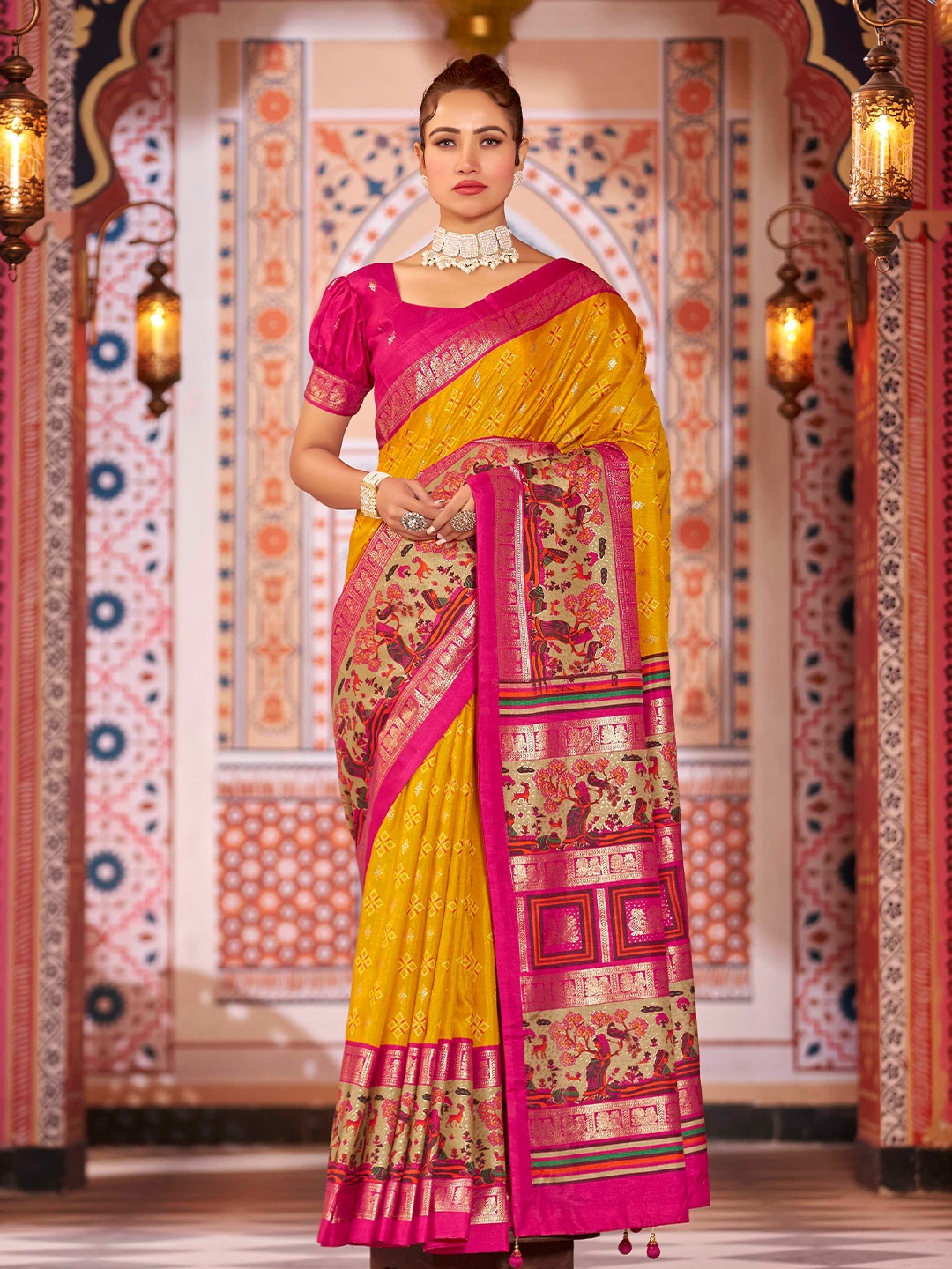 

Mitera Woven Design Zari Silk Banarasi Saree, Yellow