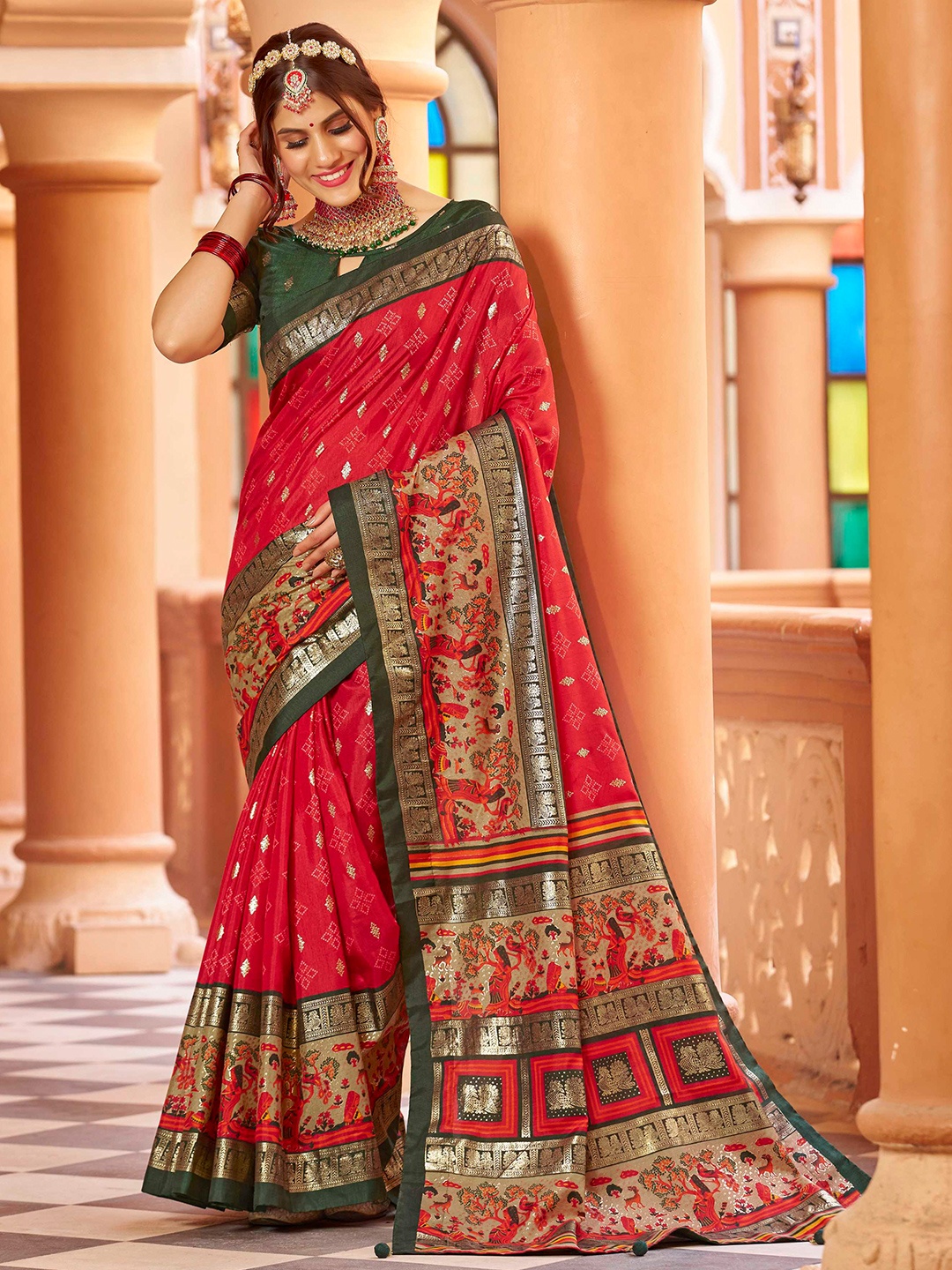 

Mitera Woven Design Zari Silk Banarasi Saree, Red