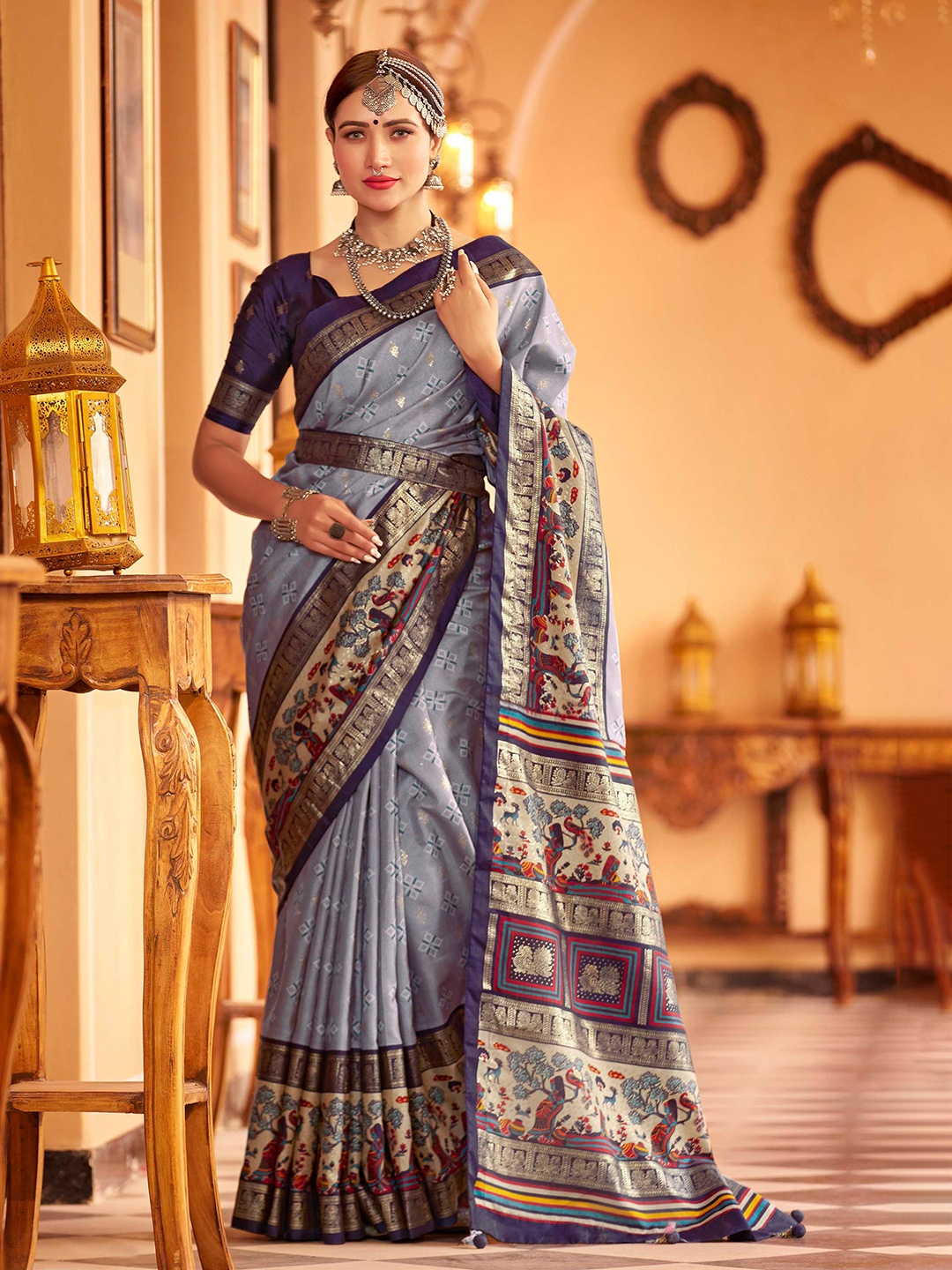 

Mitera Ethnic Motifs Zari Silk Belted Banarasi Saree, Grey