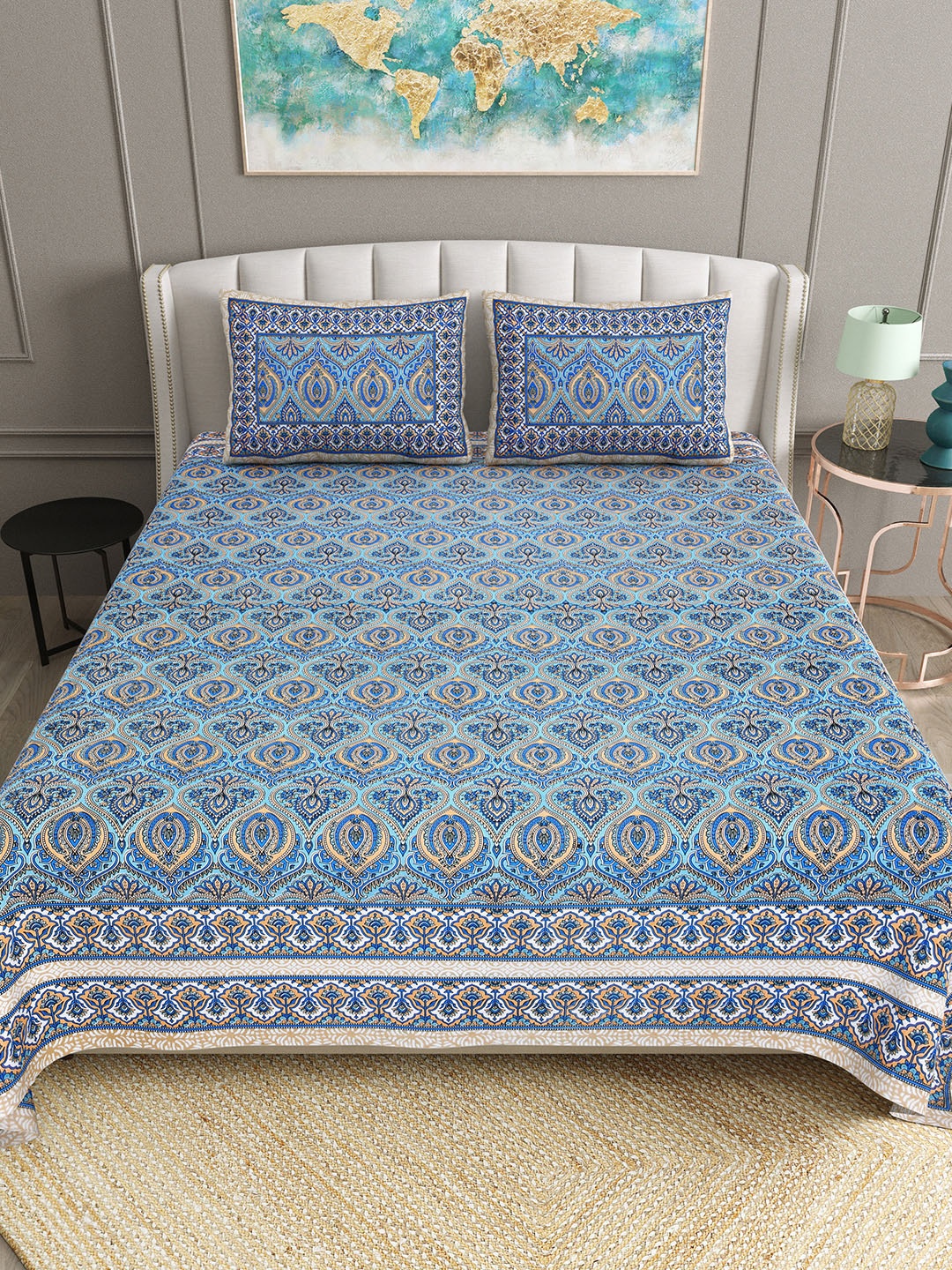 

BELLA CASA Blue Ethnic Motifs 180 TC Cotton Flat Double King Bedsheet With 2 Pillow Covers