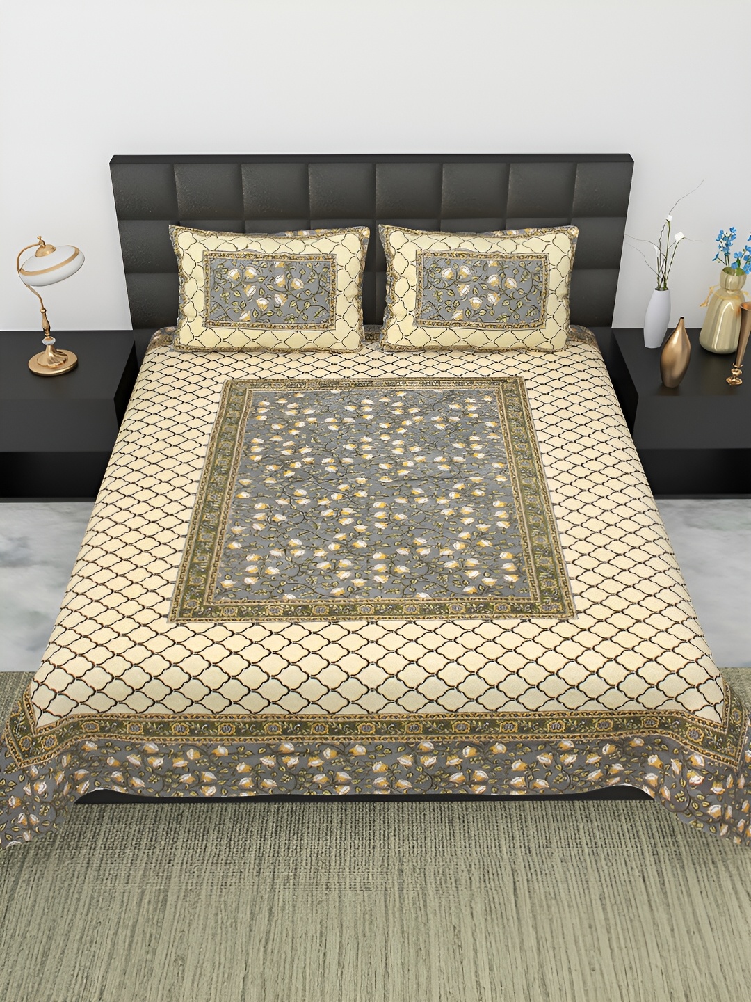 

BELLA CASA Grey Ethnic Motifs 180 TC Cotton Double Flat King Bedsheet With 2 Pillow Covers