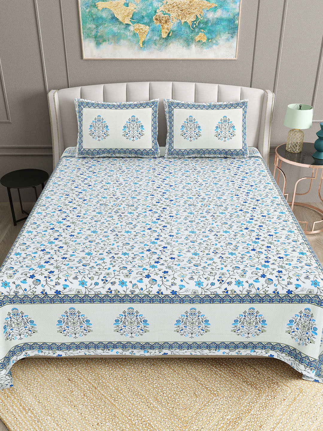 

BELLA CASA White Ethnic Motifs 180 TC Cotton Flat Double King Bedsheet & 2 Pillow Covers