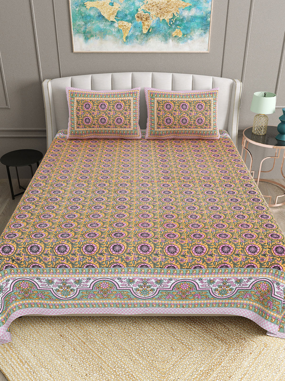 

BELLA CASA Pink Ethnic Motifs 180 TC Cotton Flat Double King Bedsheet With 2 Pillow Covers