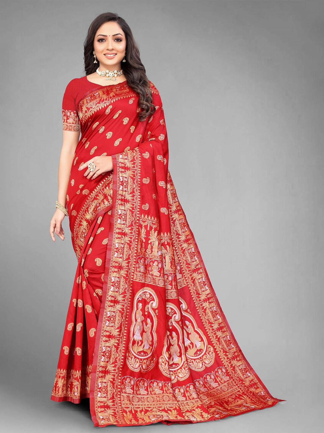 

MUKHITA Ethnic Motifs Woven Design Zari Baluchari Saree, Red