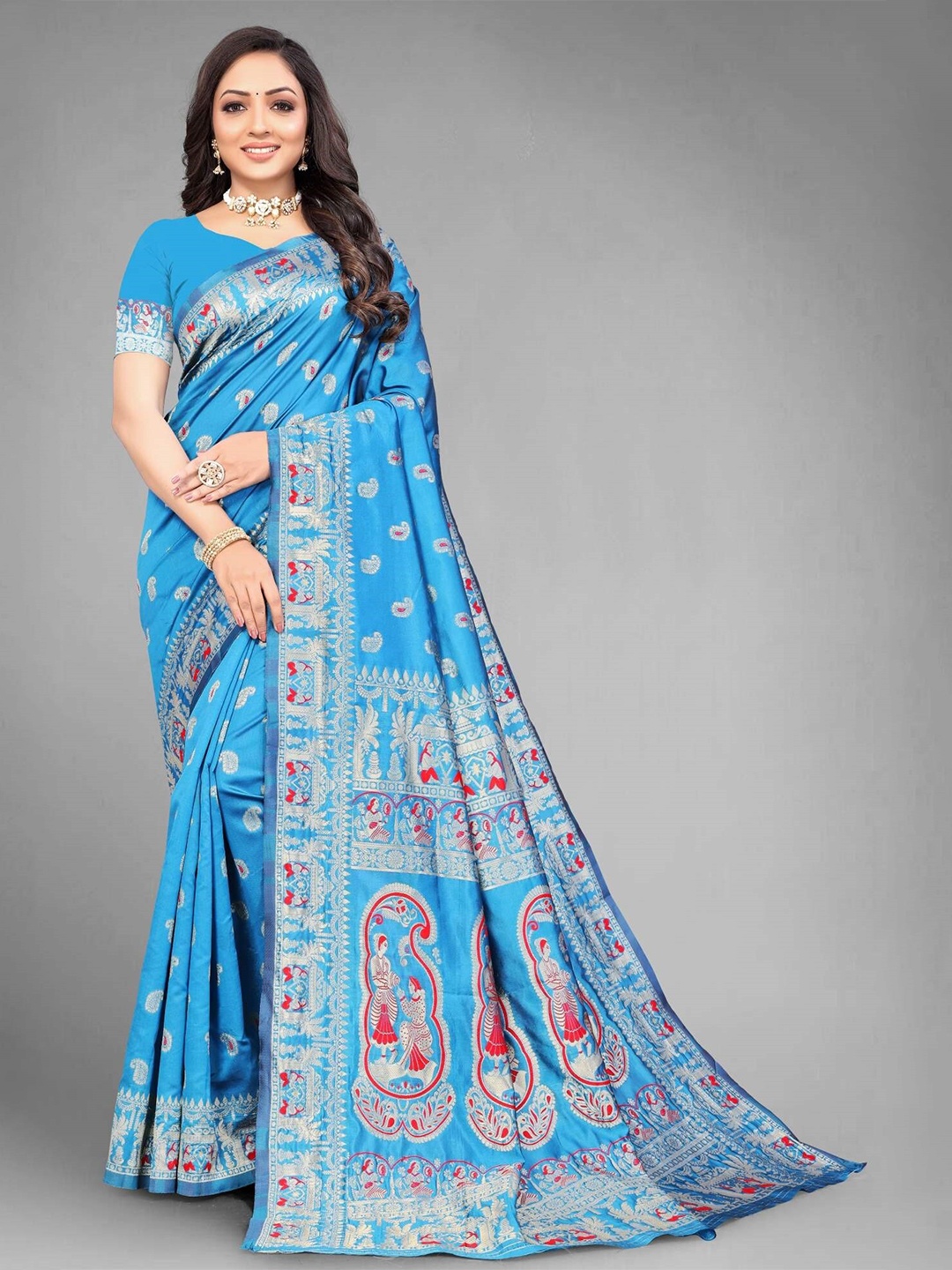 

MUKHITA Ethnic Motifs Woven Design Zari Baluchari Saree, Turquoise blue