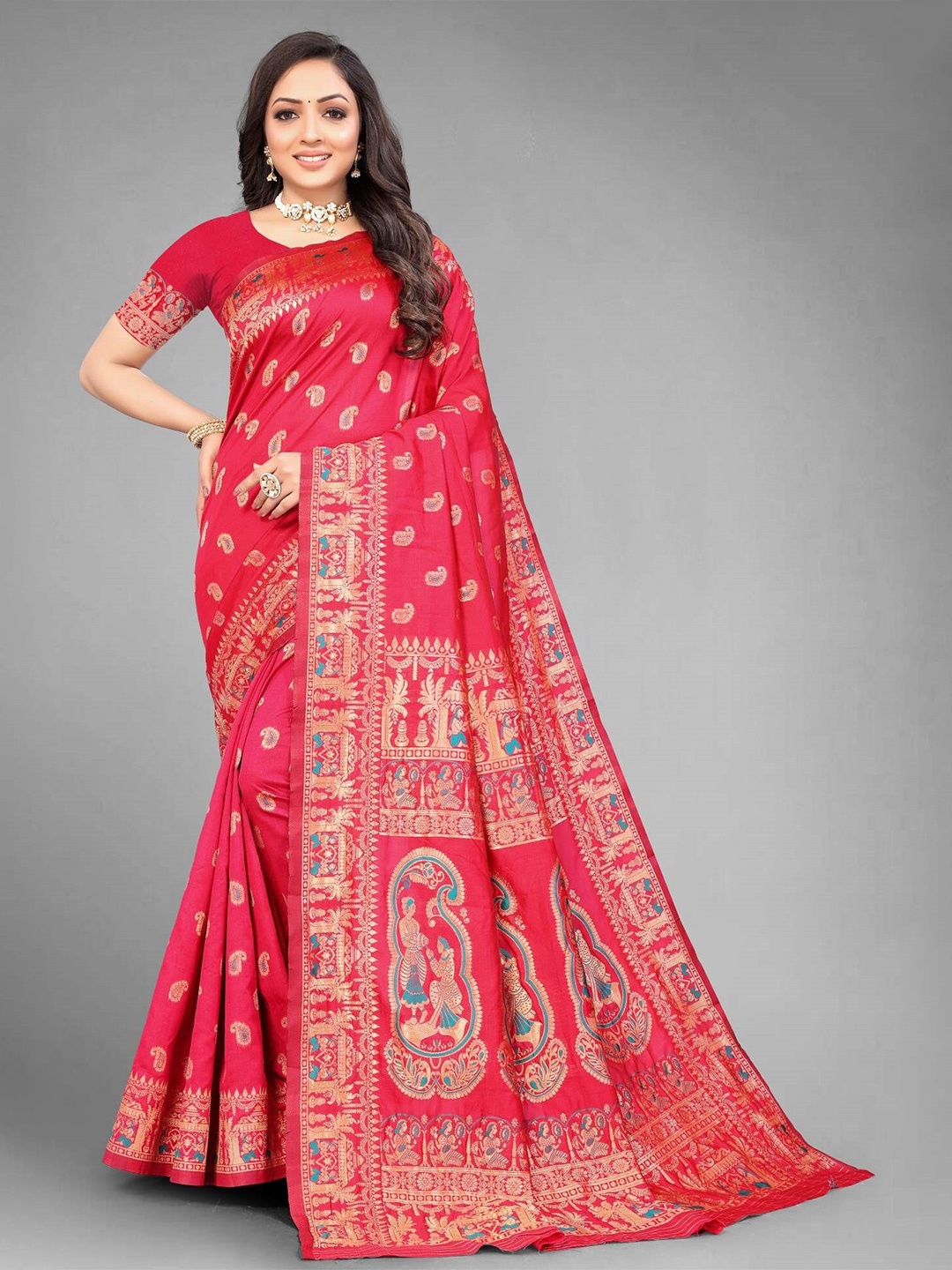 

MUKHITA Ethnic Motifs Woven Design Zari Baluchari Saree, Pink