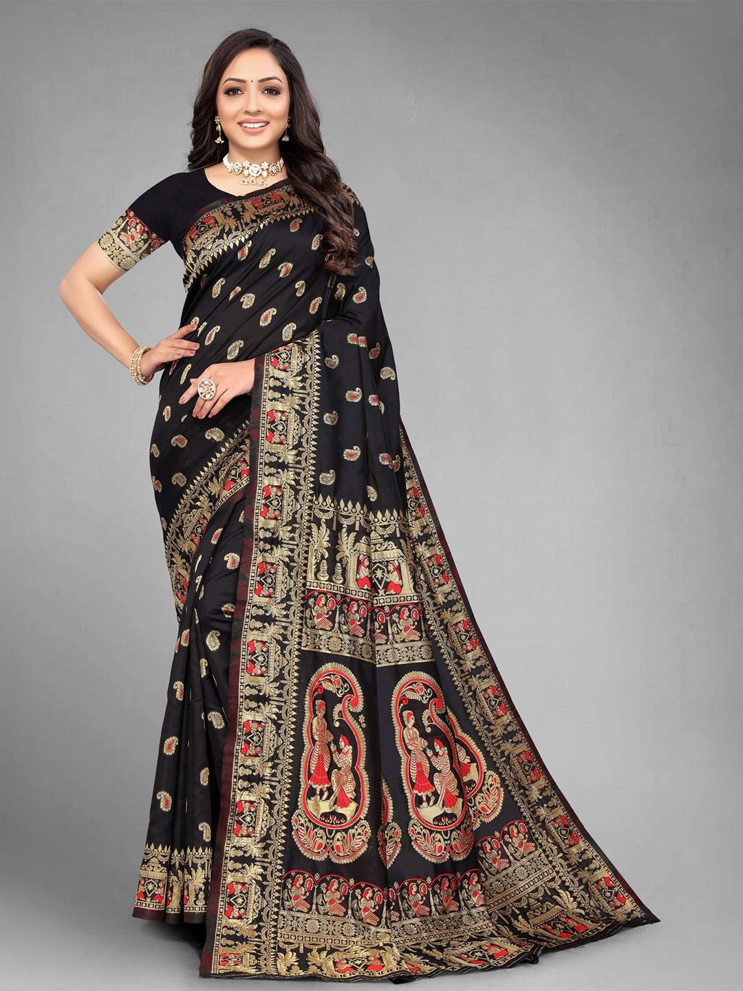 

MUKHITA Ethnic Motifs Woven Design Zari Baluchari Saree, Black