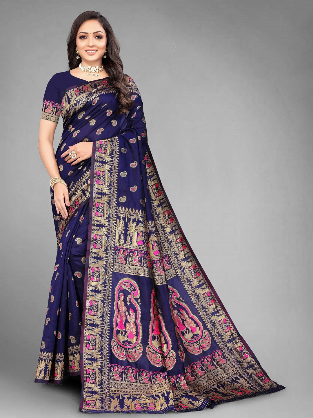 

MUKHITA Ethnic Motifs Woven Design Zari Baluchari Saree, Navy blue