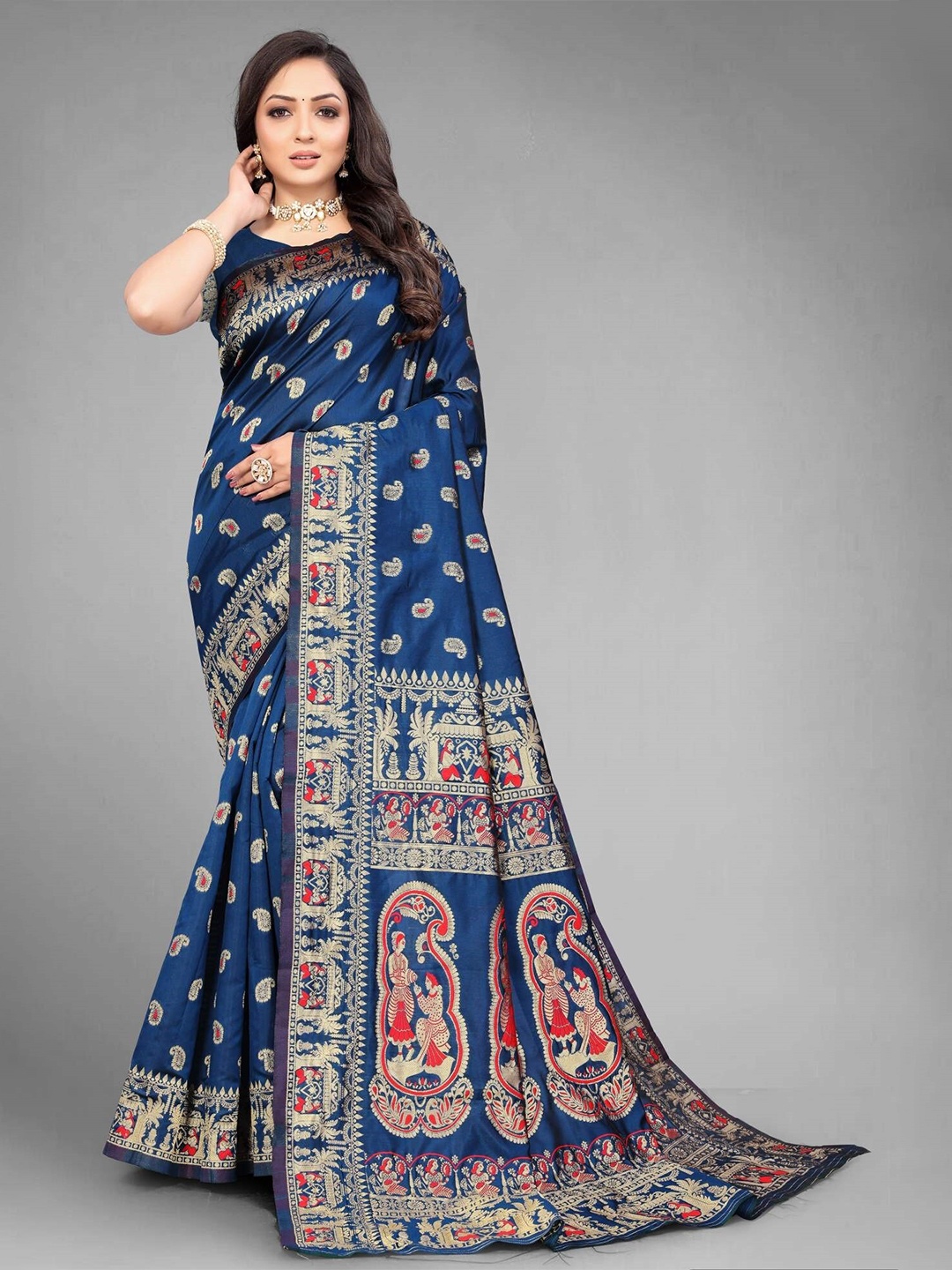 

MUKHITA Ethnic Motifs Woven Design Zari Baluchari Saree, Blue