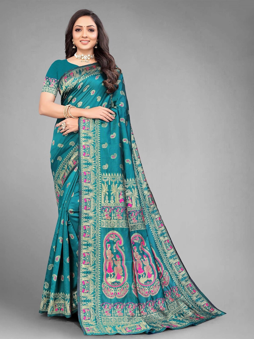 

MUKHITA Ethnic Motifs Woven Design Zari Baluchari Saree, Sea green