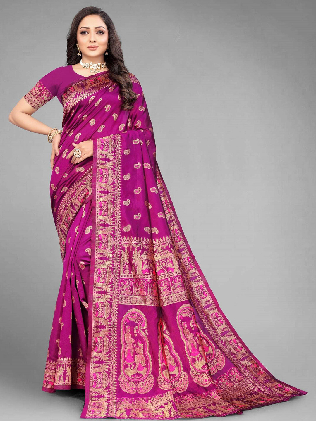 

MUKHITA Woven Design Zari Baluchari Saree, Purple