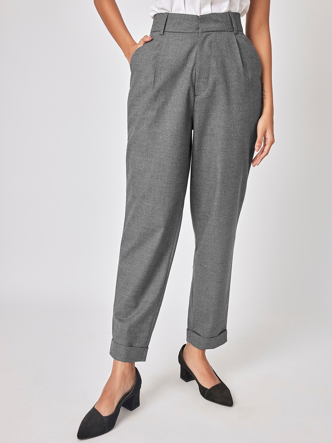 

The Label Life Women Straight Fit Pleated Formal Trousers, Grey