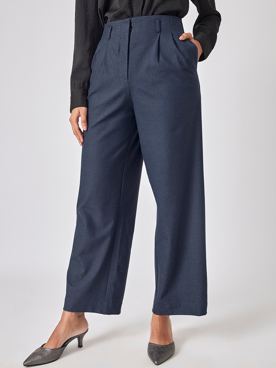 

The Label Life Women Flared Pleated Denim Formal Trousers, Navy blue