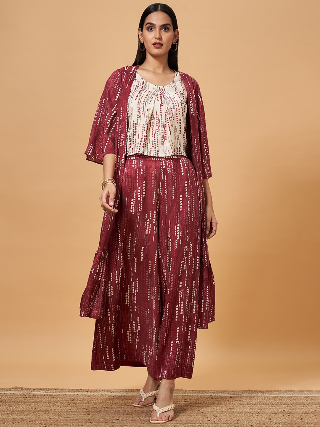 

Marigold Lane Printed Top, Shrug & Palazzos Co-Ords, Red