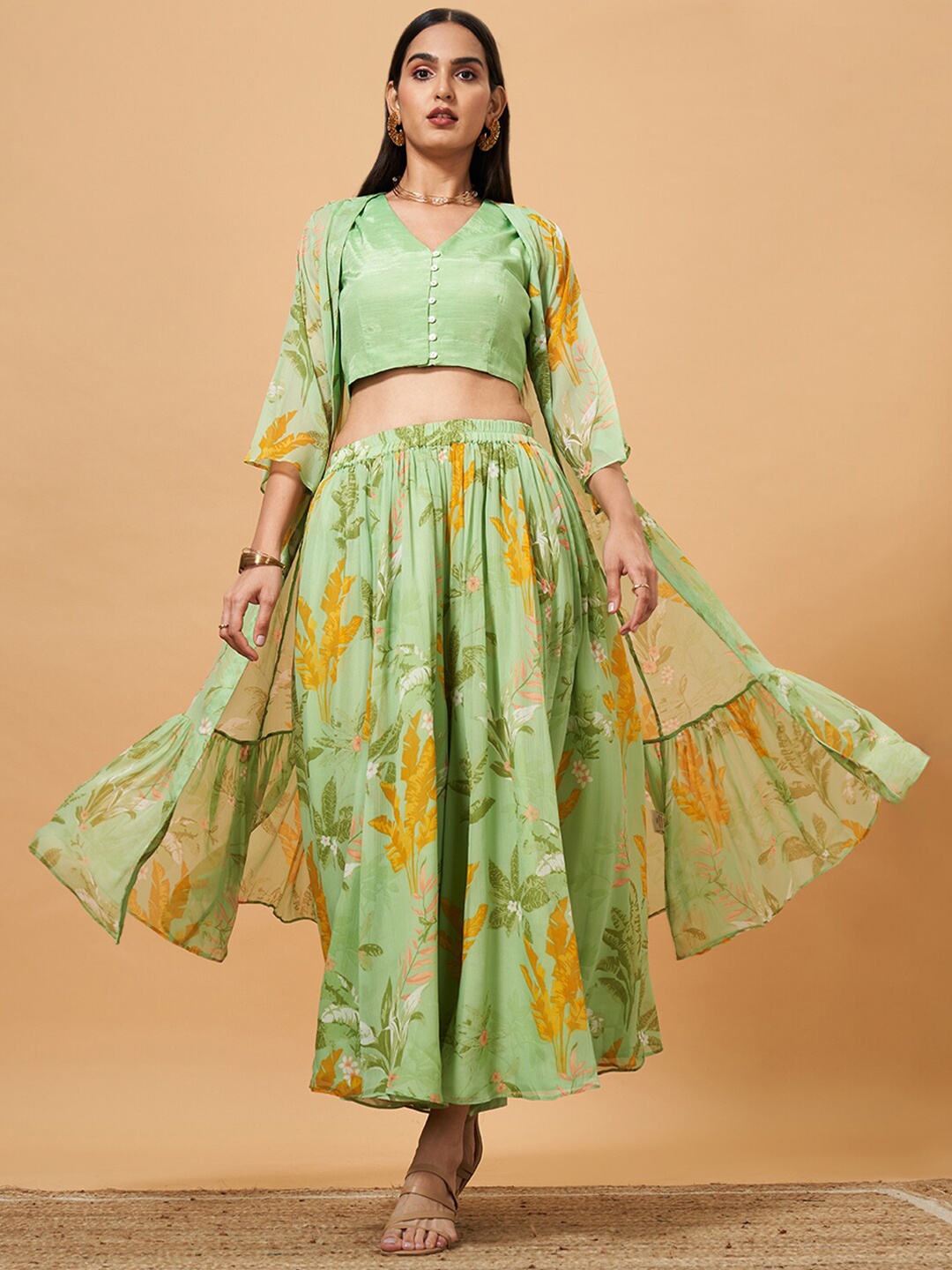 

Marigold Lane Printed Top Shrug With Palazzos Co-Ords, Green
