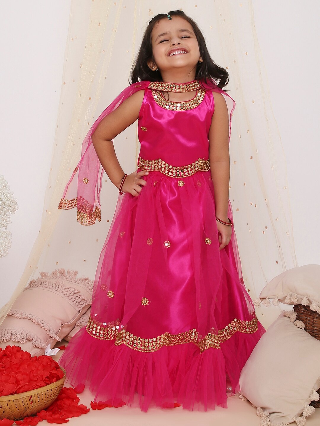 

KID1 Girls Embroidered Mirror Work Ready to Wear Lehenga & Blouse With Dupatta, Pink