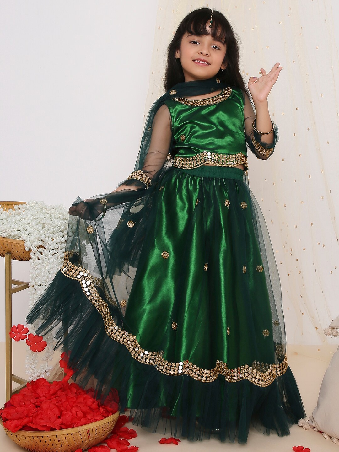 

KID1 Girls Embroidered Mirror Work Ready to Wear Lehenga & Blouse With Dupatta, Green