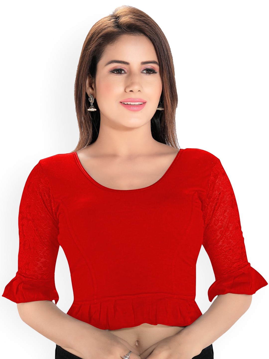 

SALWAR STUDIO Round Neck Readymade Saree Blouse, Red