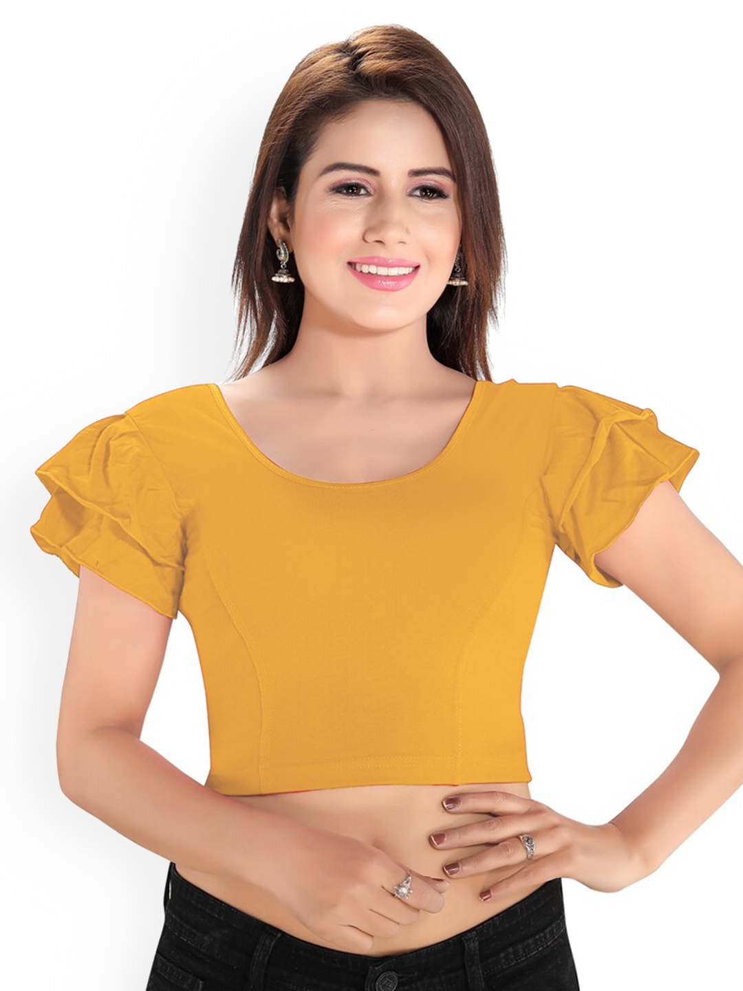 

SALWAR STUDIO Round Neck Readymade Saree Blouse, Yellow