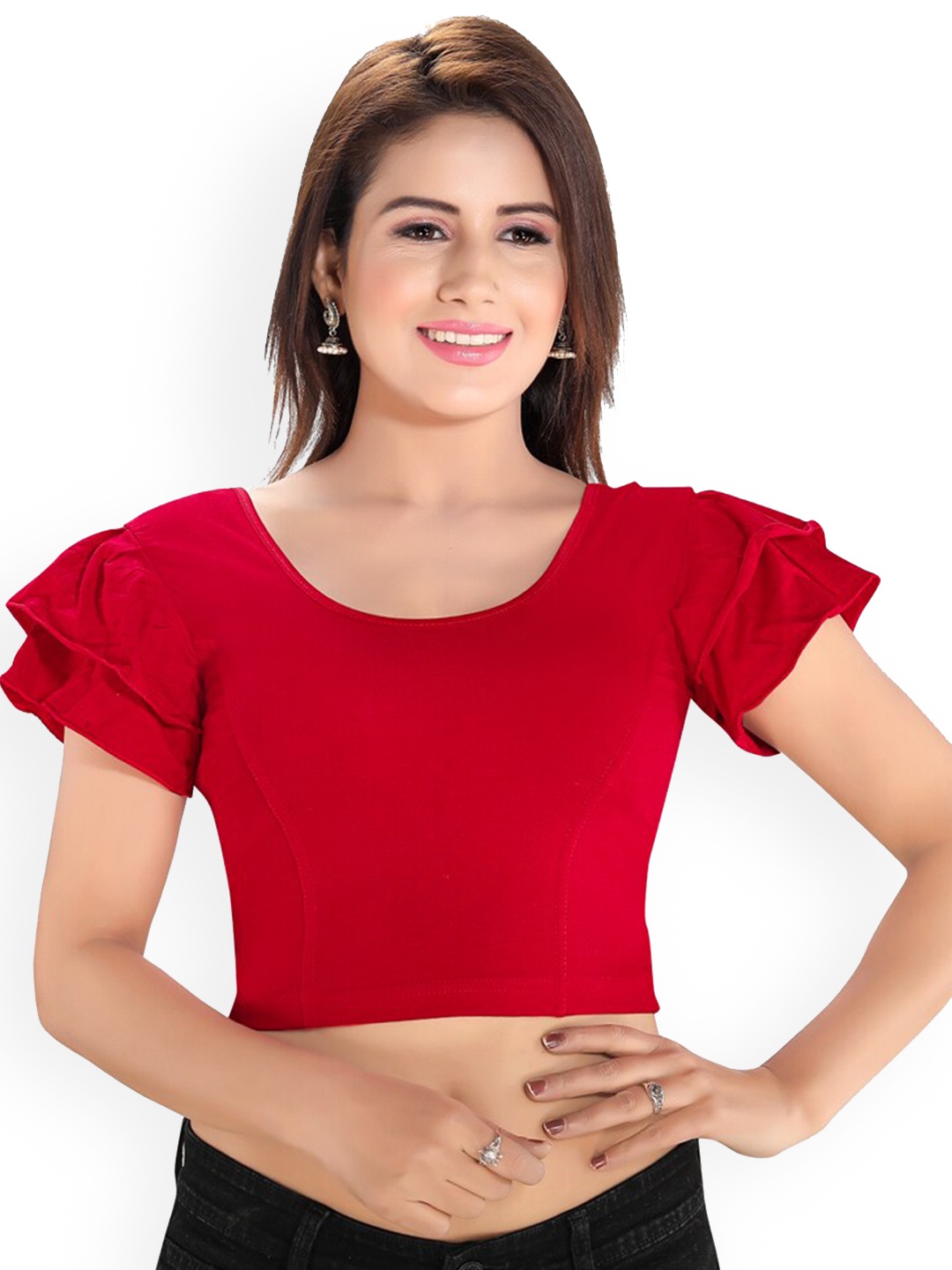 

SALWAR STUDIO Round Neck Readymade Saree Blouse, Red