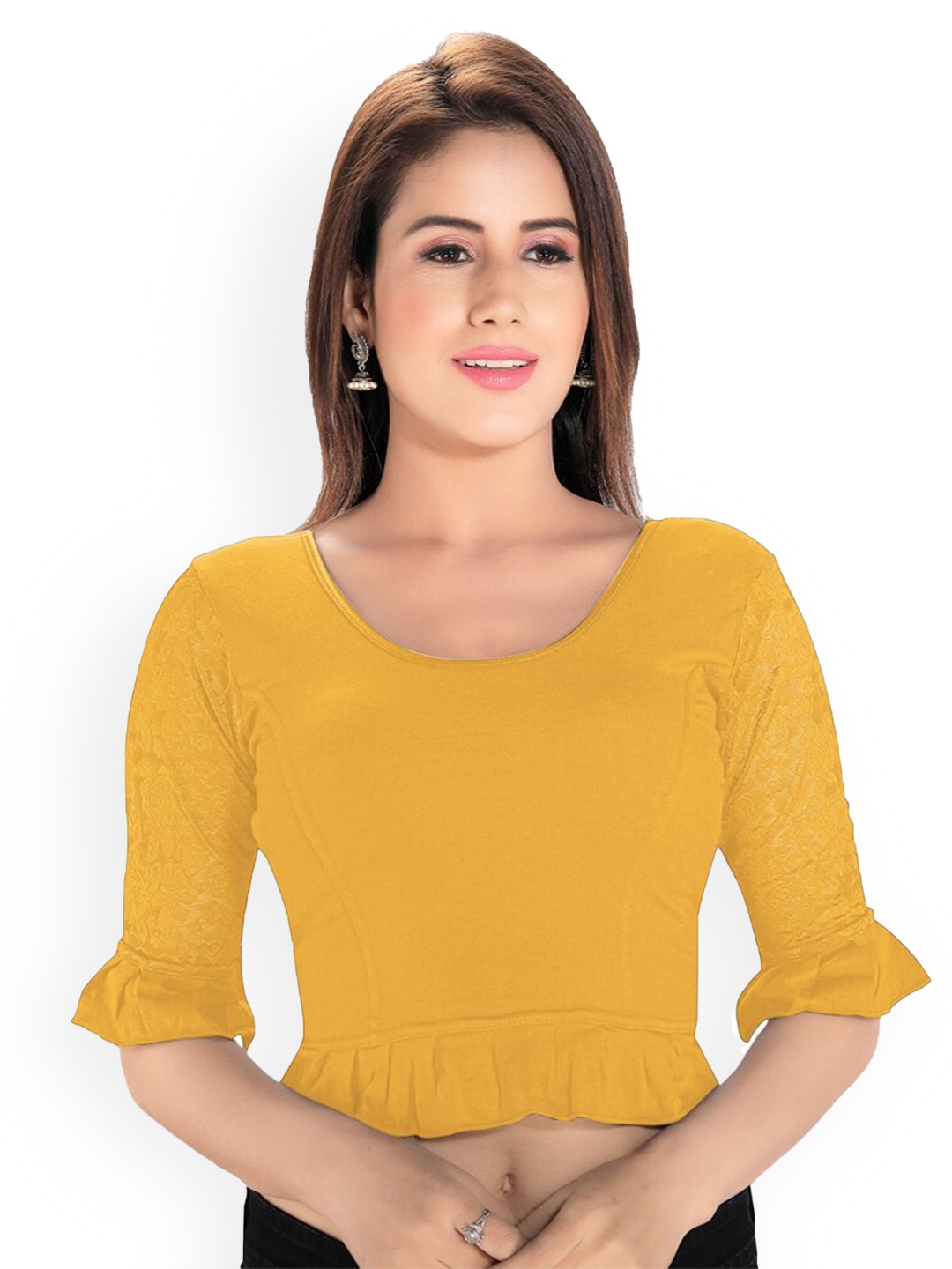 

SALWAR STUDIO Round Neck Readymade Saree Blouse, Yellow