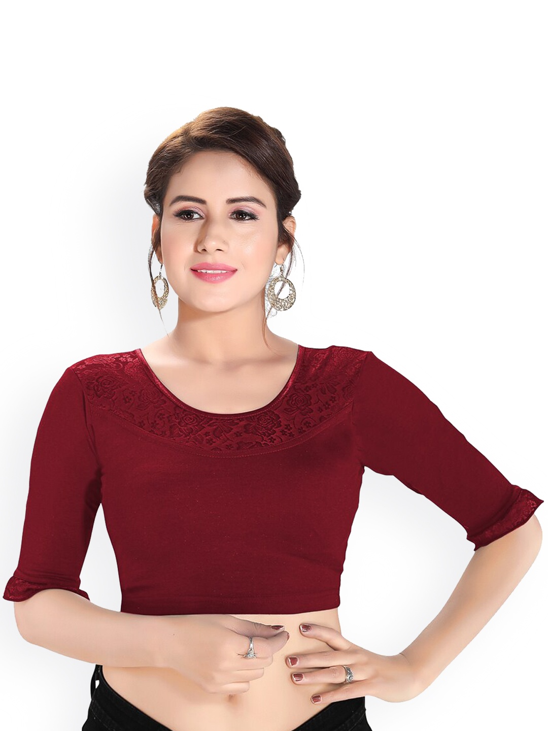 

SALWAR STUDIO Round Neck Readymade Saree Blouse, Maroon
