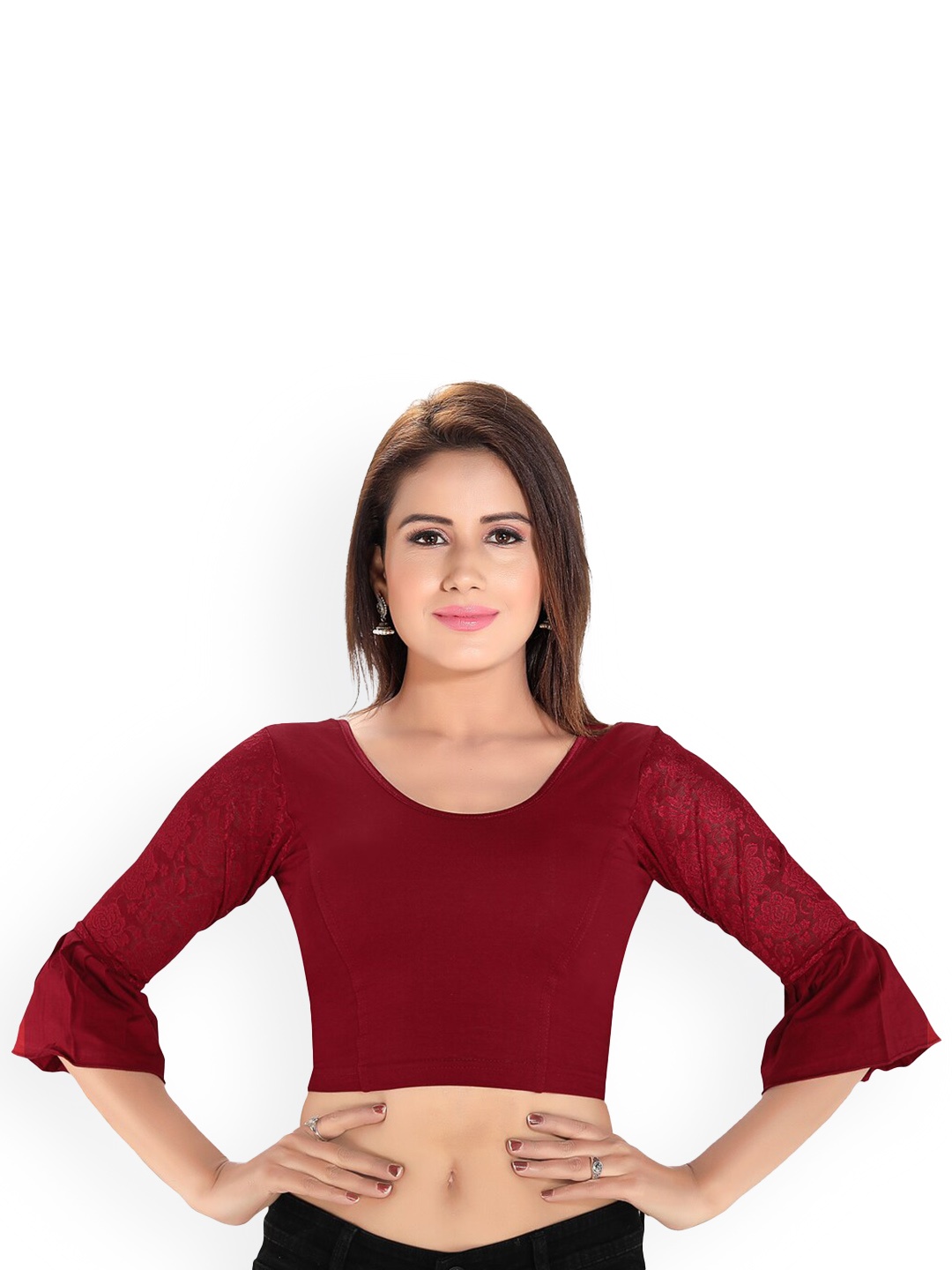 

SALWAR STUDIO Round Neck Readymade Saree Blouse, Maroon