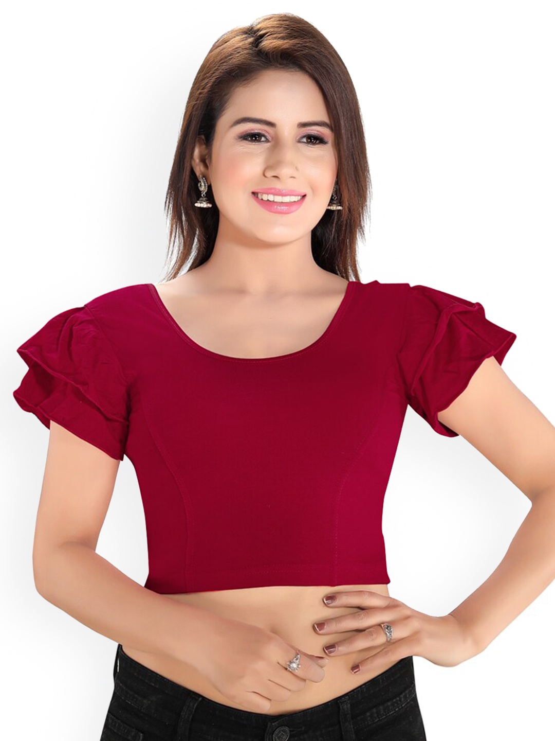 

SALWAR STUDIO Round Neck Readymade Saree Blouse, Maroon