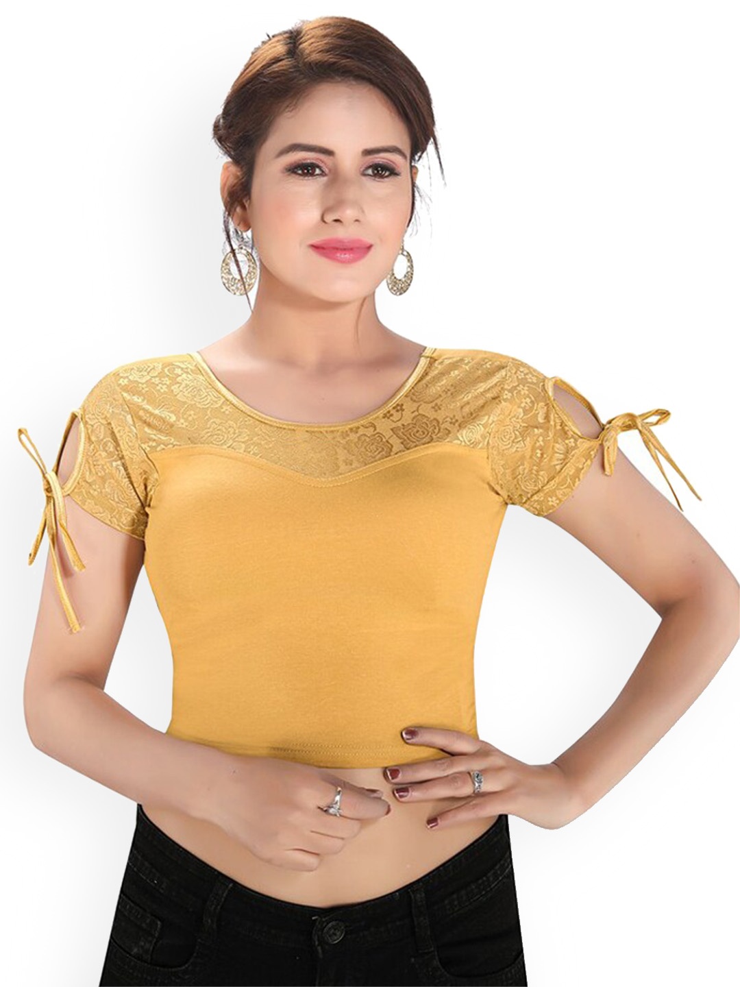 

SALWAR STUDIO Round Neck Readymade Saree Blouse, Yellow
