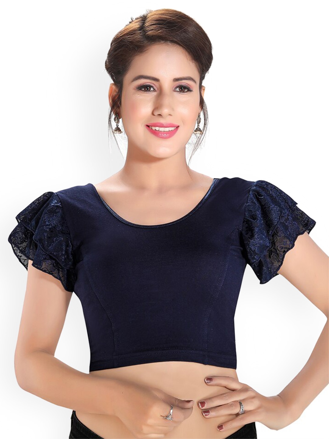 

SALWAR STUDIO Bell Sleeves Stretchable Saree Blouse, Navy blue