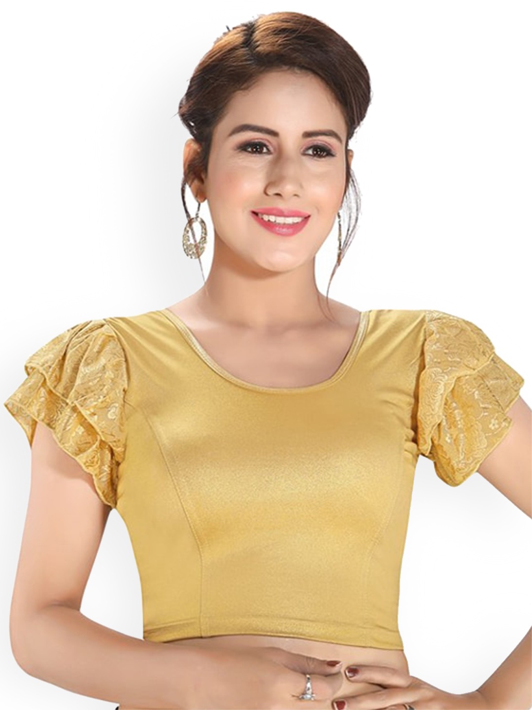 

SALWAR STUDIO Bell Sleeves Round Neck Readymade Saree Blouse, Beige