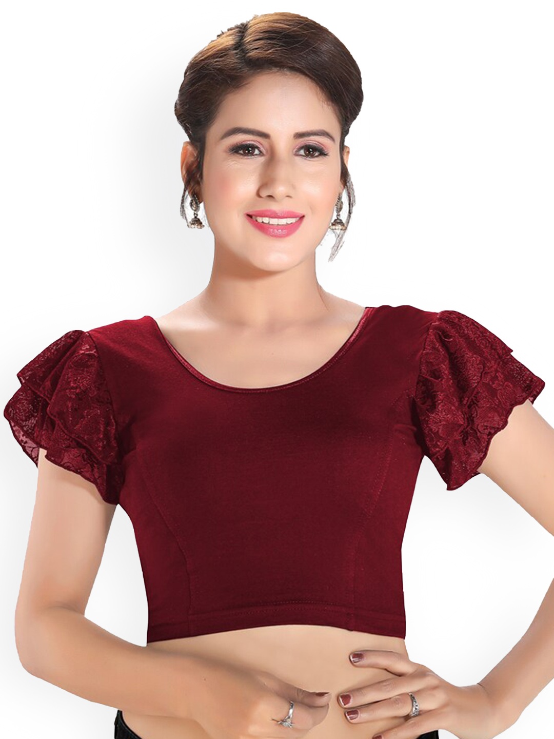 

SALWAR STUDIO Round Neck Readymade Saree Blouse, Maroon