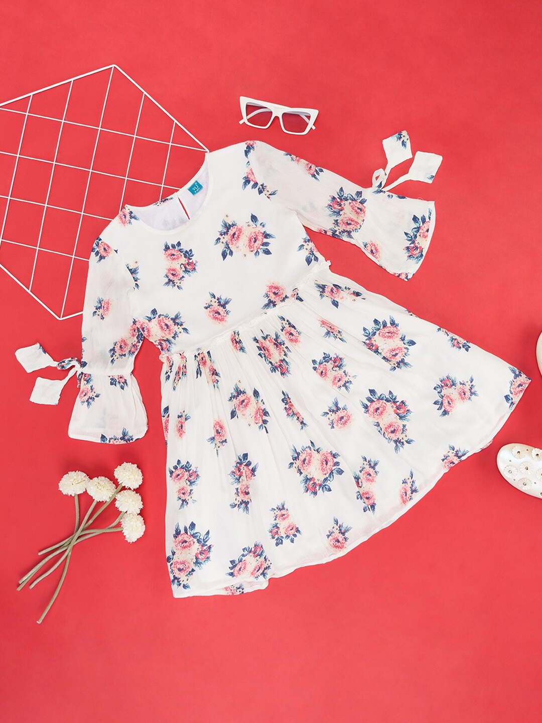 

YU by Pantaloons Girls Floral Printed Bell Sleeves Fit & Flare Dress, White