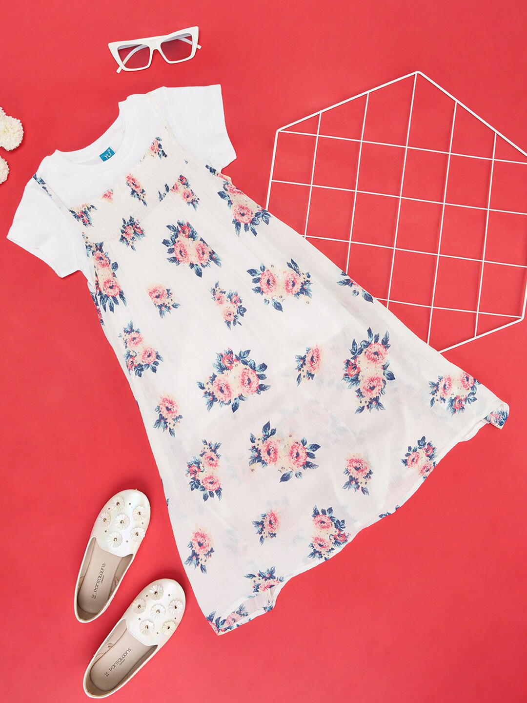 

YU by Pantaloons Girls Floral Printed Shoulder Straps Smocked Pinafore Dress, White