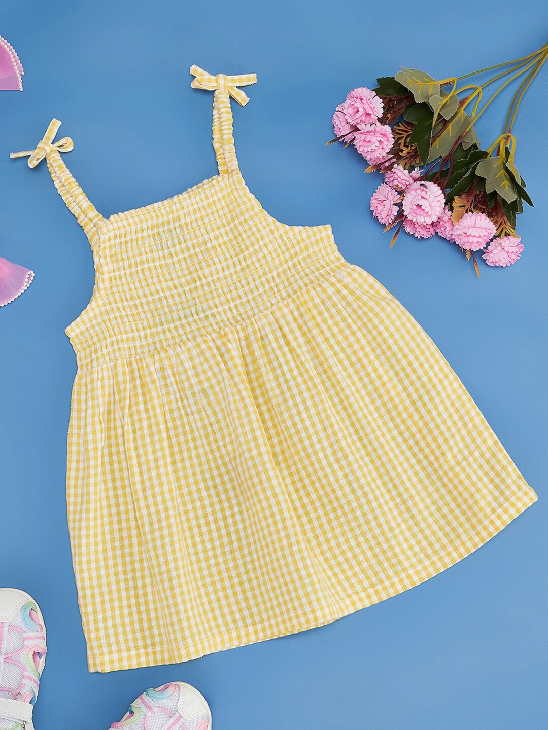 

YU by Pantaloons Infants Girls Checked Smocked Pure Cotton Fit and Flare Dress, Yellow