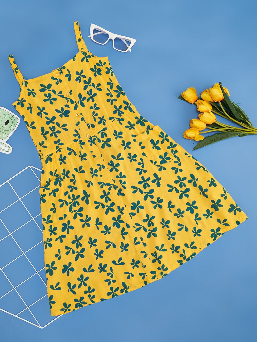 

YU by Pantaloons Girls Floral Printed Shoulder Straps A-Line Dress, Yellow