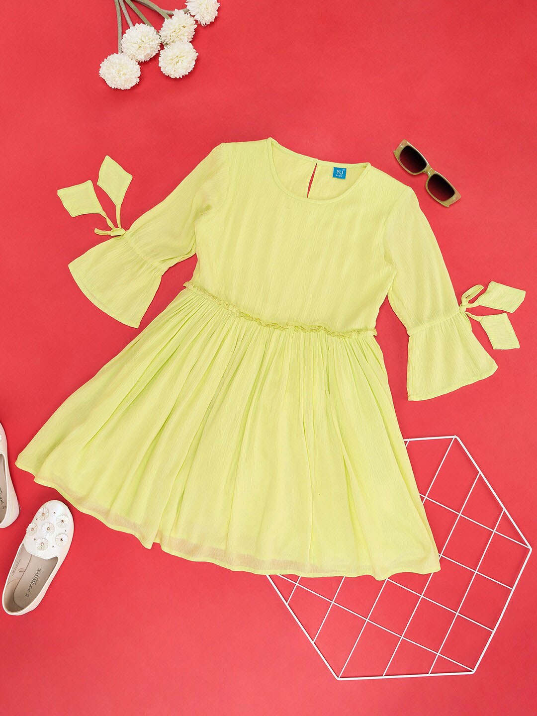 

YU by Pantaloons Girls Bell Sleeves Fit & Flare Dress, Lime green