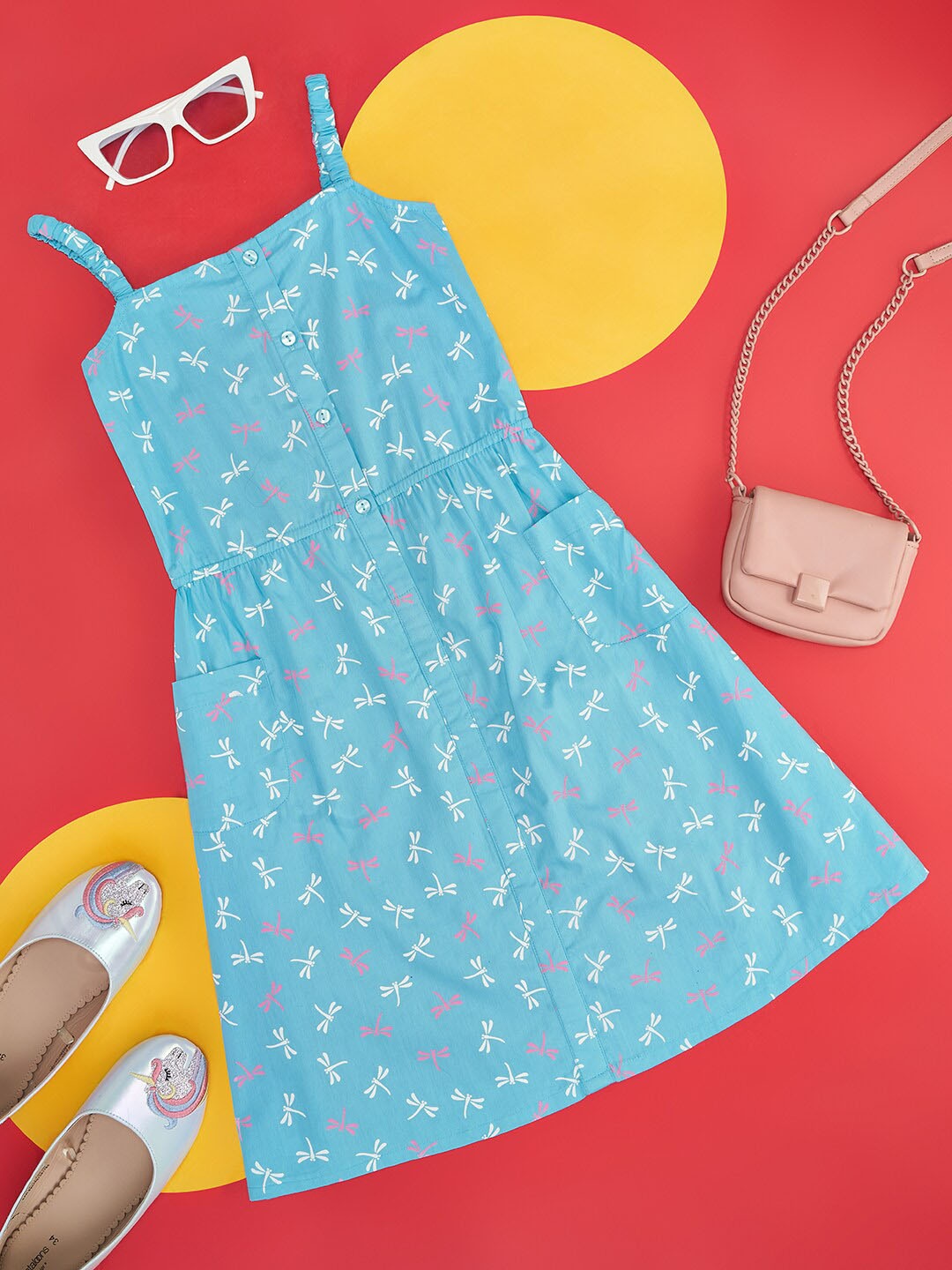 

YU by Pantaloons Girls Conversational Printed Shoulder Straps Smocked A-Line Dress, Blue