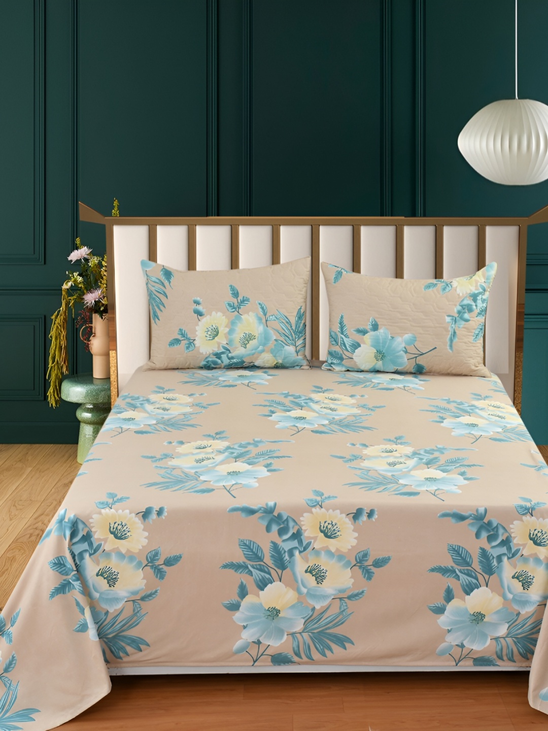 

Nivasam Beige & Blue Floral 400 TC King Bedsheet with 2 Pillow Covers