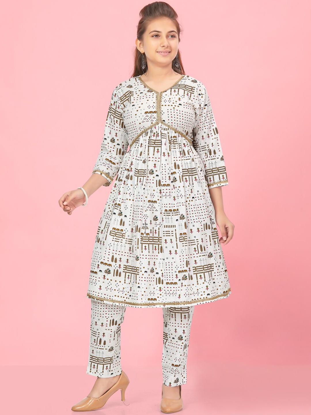 

BAESD Girls Ethnic Motifs Printed Pure Cotton Kurta with Trousers, Cream