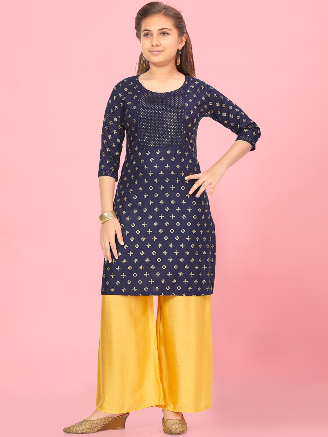 

BAESD Girls Ethnic Motifs Embroidered Sequinned Kurta with Palazzos, Navy blue
