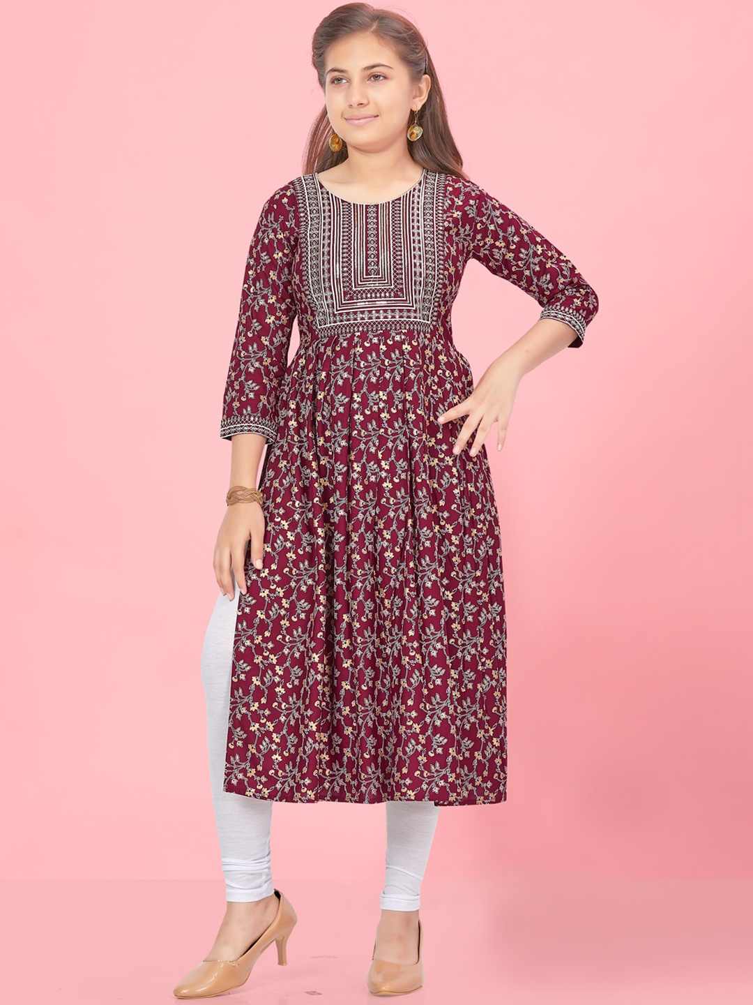 

BAESD Girls Floral Printed Regular Sequined Pure Cotton Kurta With Leggings, Purple