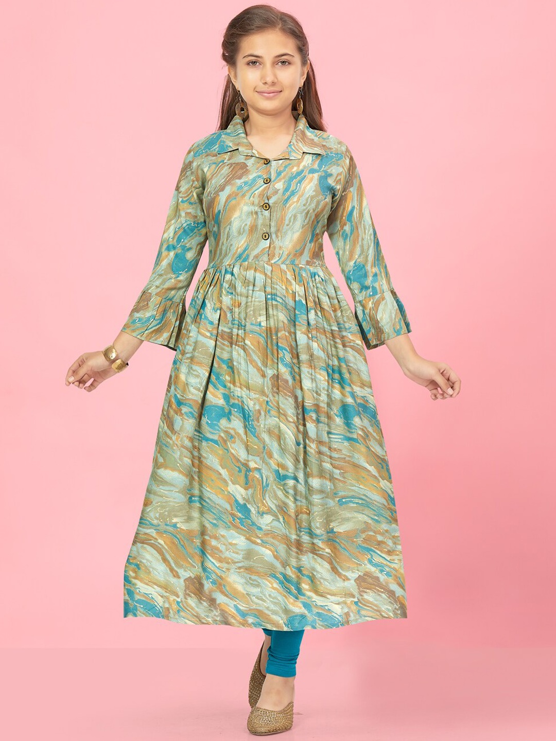 

BAESD Girls Abstract Printed Regular A-Line Kurta With Leggings, Blue