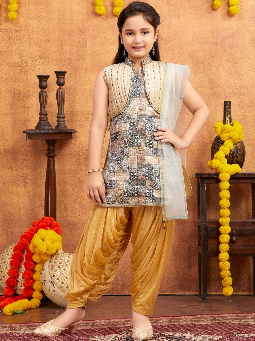 

BAESD Girls Floral Printed Regular Beads and Stones Kurta with Patiala Dupatta & Jacket, Beige