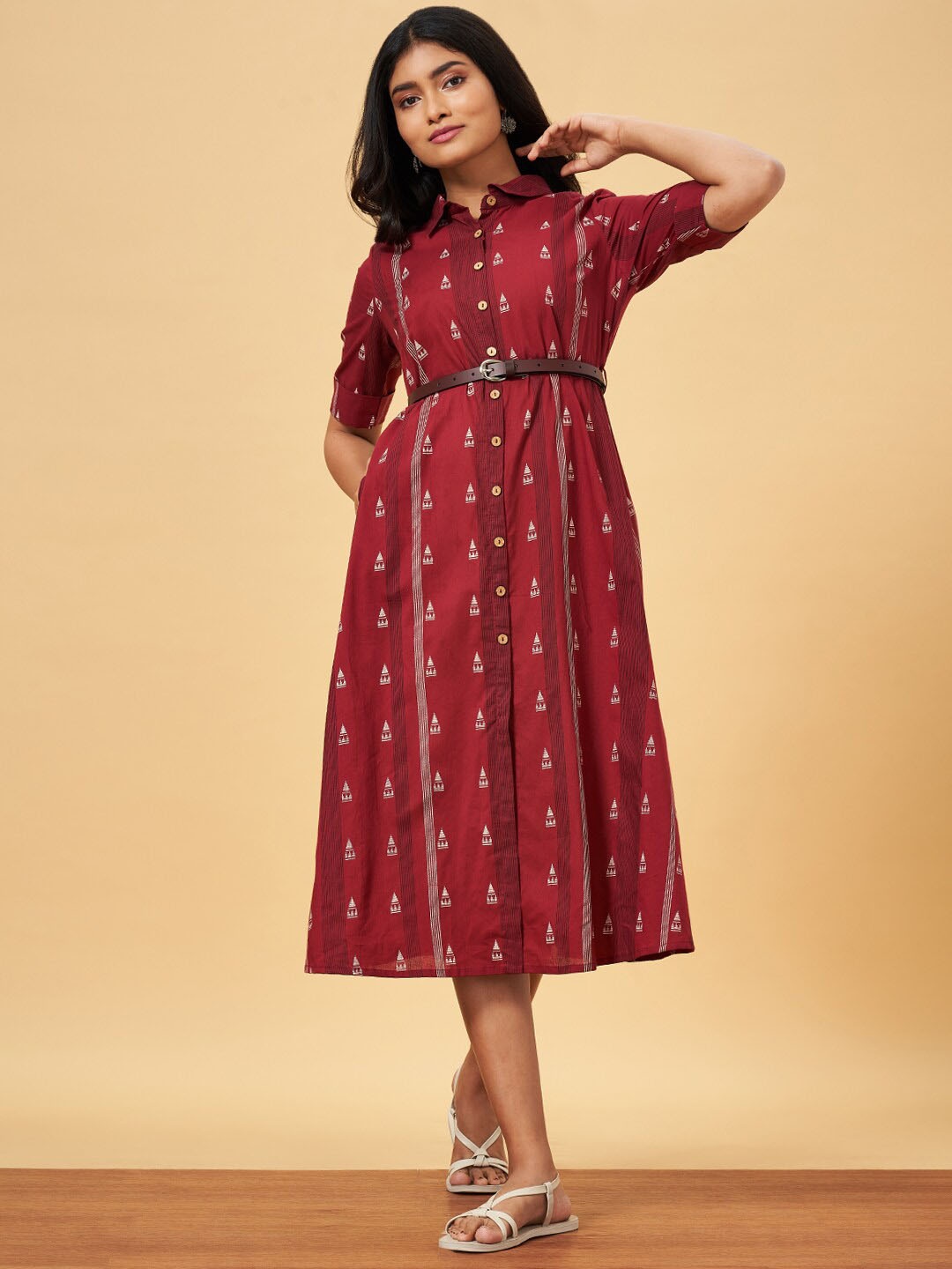 

YU by Pantaloons Ethnic Motifs Printed Roll-Up Sleeves Pure Cotton Shirt Style Midi Dress, Red