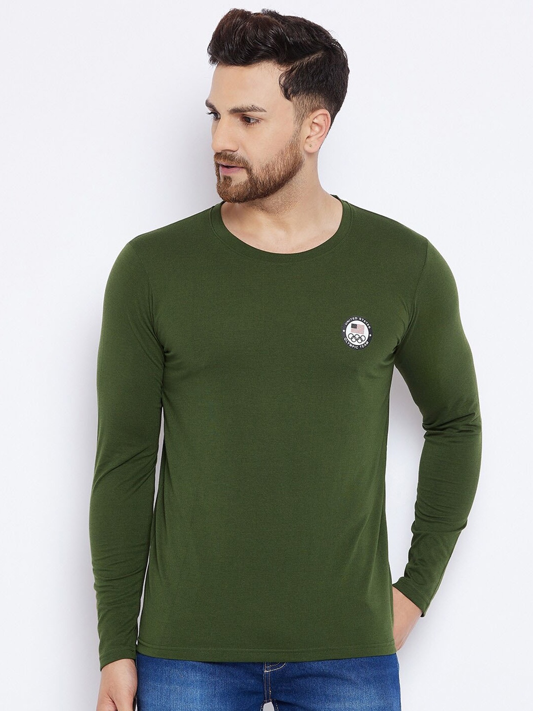 

THE MILLION CLUB Long Sleeves Cotton Casual T-shirt, Olive